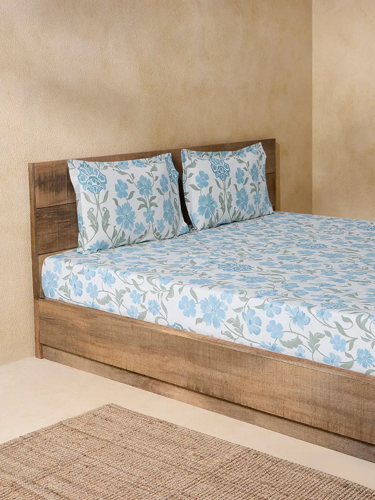 Westside Home Blue Floral Printed King Bed Fitted Sheet and Pillowcase Set